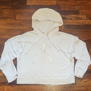Calvin Klein Jeans Cropped Womens White Hoodie with Silver Logo Oversized Hood